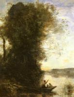 Corot, Jean-Baptiste-Camille - Le Batelier Quittant La Rive Avec Une Femme Et Un Enfant Assis Dans Sa Barque, Soleil Couchant